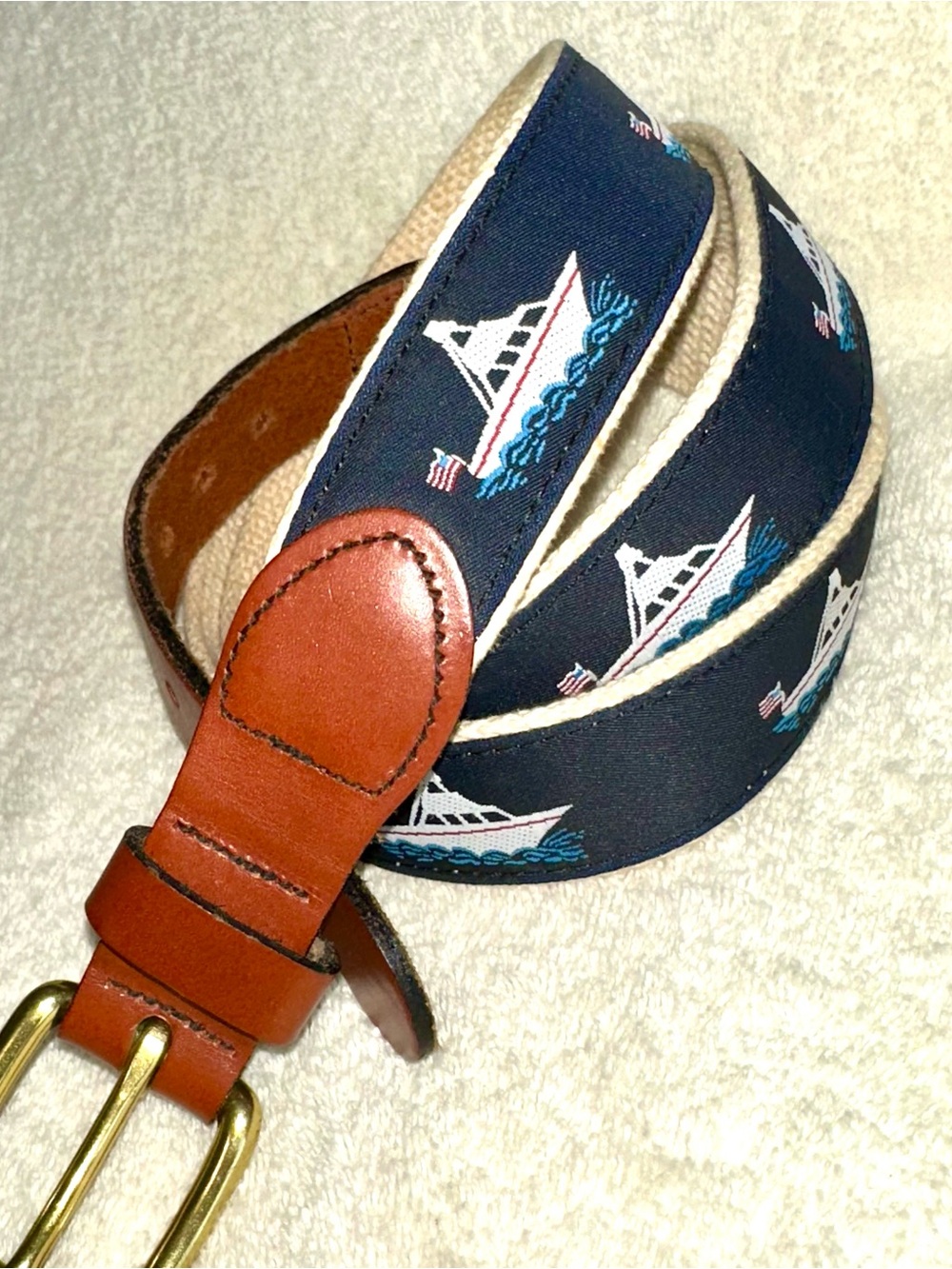 Vintage Leather Man Ltd Boat Ribbon Belt Brass Buckle Preppy Navy Sz 40